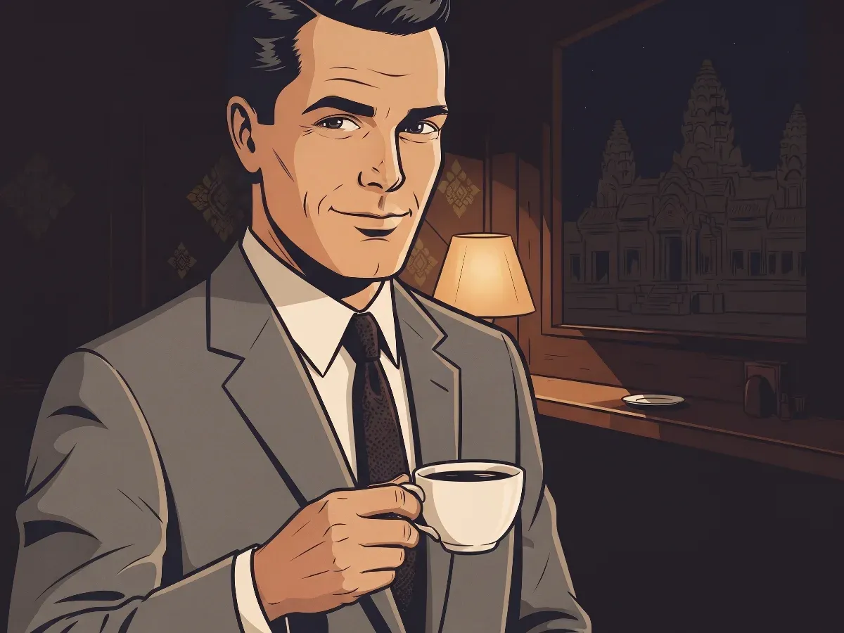 Man in a grey suit holding a cup of black coffee in a Cambodian coffee shop at night