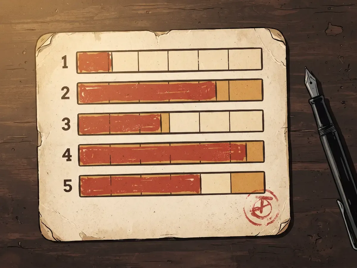 Worn inspection card showing five rating bars filled to different lengths