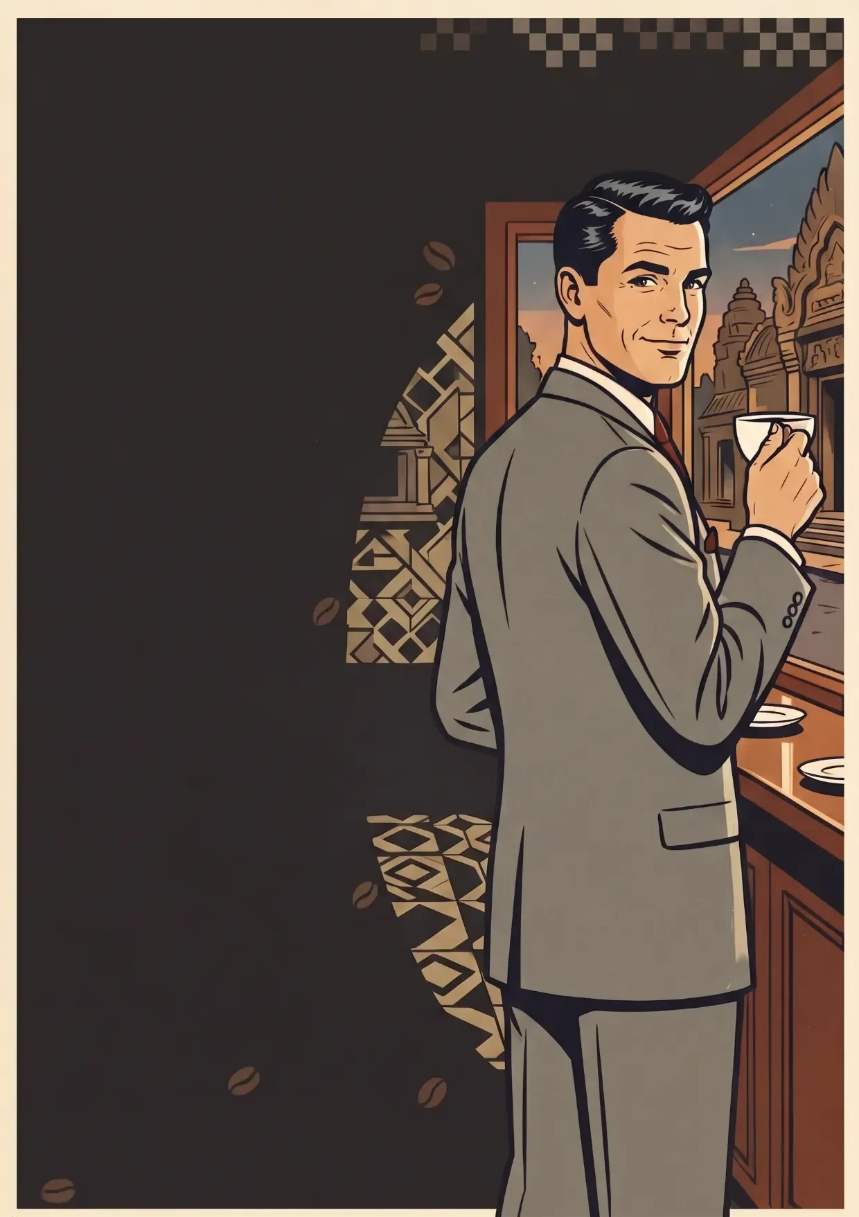 Illustration of the Americano One label: in the style of 1950s advertising, a man in a grey suit holds a cup of black coffee, with the temples of Angkor seen through the window